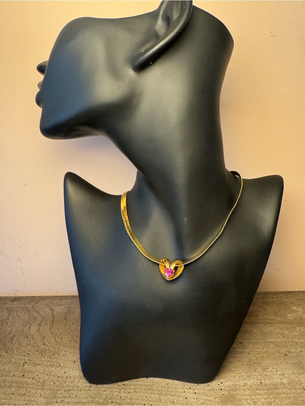 Gold Tone Heart 925 Pendant Necklace with Pink Stone.